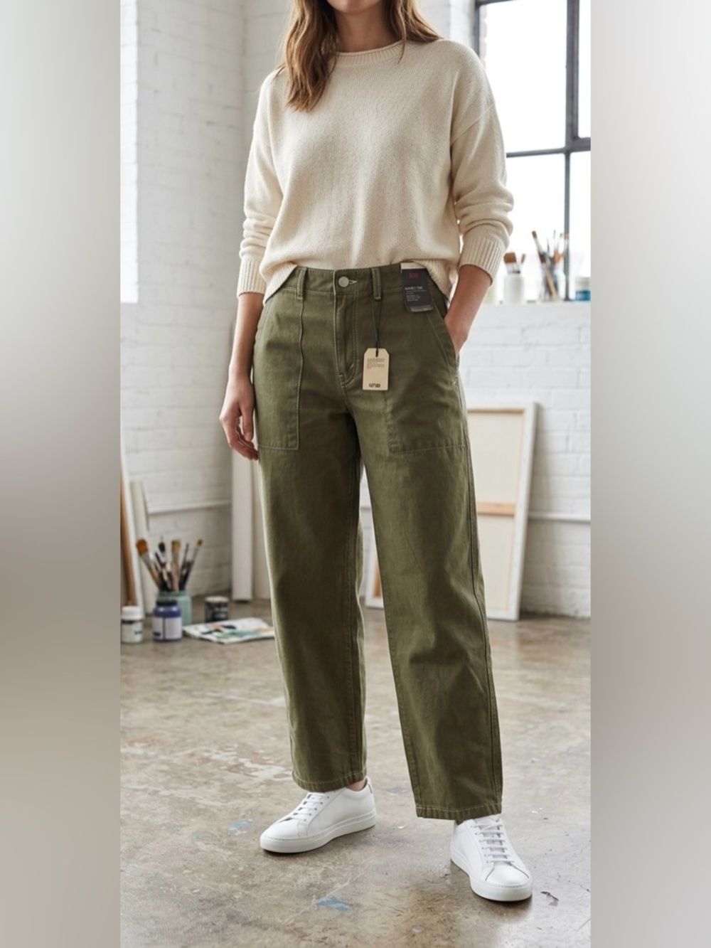 #LEVIS*PREMIUM#Baggy Dad Mid Rise Straight Leg Pants in Olive Green - NWT